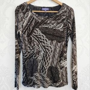 Vivienne Tam Mesh Long Sleeve Top Trompe L'Oeil Cable Knit Print Lined